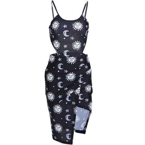 Side Cut Out Night Girl Dress Star Moon Sun Print High Low Slit Wrap Dress Casual Sexy Beach Open Back Dress Fashion Women