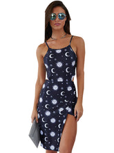 Side Cut Out Night Girl Dress Star Moon Sun Print High Low Slit Wrap Dress Casual Sexy Beach Open Back Dress Fashion Women