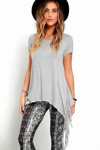 Side Slit Split Tassle Fringe Boho T-Shirt Women Tee Shirt Summer Fashion Women Clothing Vogue Summer T Shirts 2016 New Arrival