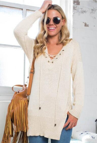 Side Slit V-Neck Knit Lace Up Full Sleeve Solid Sweater Bandage Casual Tops Black Casual Loose Pink Women Top 2016 Spring Women