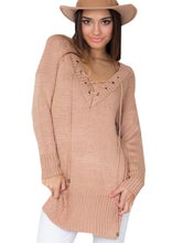 Side Slit V-Neck Knit Lace Up Full Sleeve Solid Sweater Bandage Casual Tops Black Casual Loose Pink Women Top 2016 Spring Women
