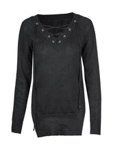 Side Slit V-Neck Knit Lace Up Full Sleeve Solid Sweater Bandage Casual Tops Black Casual Loose Pink Women Top 2016 Spring Women