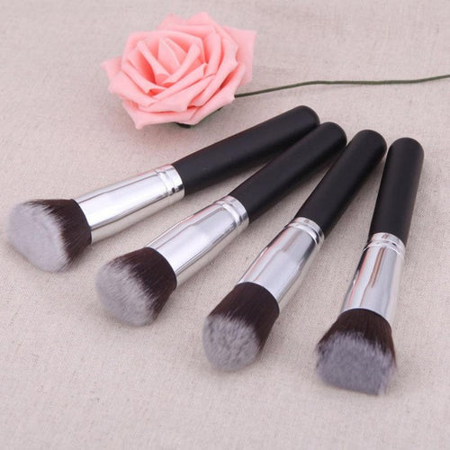 Silver Color High Quality 4 Pcs Black Synthetic Kabuki Flat Foundation Brush Single Makeup Cosmetic Brush pincel oval Anne