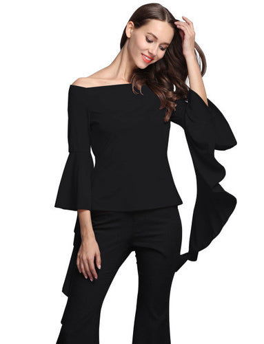Slash Neck Solid Flare Sleeve Draped Blouse Three Quarter Sleeve Black Top Ruched Slim Blouse Women Autumn Fashion Skinny Blouse