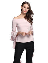 Slash Neck Solid Flare Sleeve Draped Blouse Three Quarter Sleeve Black Top Ruched Slim Blouse Women Autumn Fashion Skinny Blouse