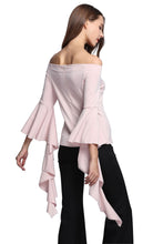 Slash Neck Solid Flare Sleeve Draped Blouse Three Quarter Sleeve Black Top Ruched Slim Blouse Women Autumn Fashion Skinny Blouse