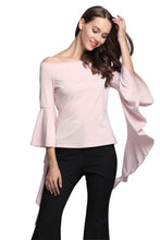 Slash Neck Solid Flare Sleeve Draped Blouse Three Quarter Sleeve Black Top Ruched Slim Blouse Women Autumn Fashion Skinny Blouse