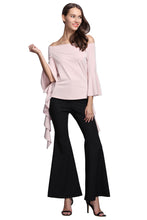 Slash Neck Solid Flare Sleeve Draped Blouse Three Quarter Sleeve Black Top Ruched Slim Blouse Women Autumn Fashion Skinny Blouse