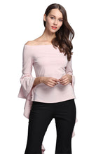 Slash Neck Solid Flare Sleeve Draped Blouse Three Quarter Sleeve Black Top Ruched Slim Blouse Women Autumn Fashion Skinny Blouse