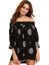 Slash Neck Three Quarter Sleeve Mini Dress Black Print Flare Sleeve Ruched Loose Casual Dress Women 2016 Autumn Casual Dress