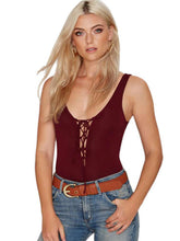 Sleeveless Jumpsuit Tie Lace Up Front Bodysuit Sexy One-piece Rompers Womens Jumpsuit Summer Open Back Top One piece Wine Red
