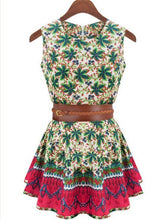 Sleeveless Ladies Dress Flower Print Mini Summer Dresses Belt Printed Women Dress Chiffon Casual Vestidos Femininos Vestidos