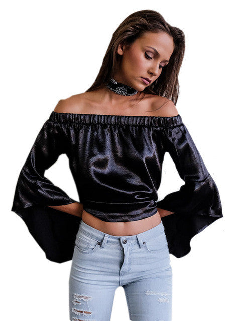 Slik Off Shoulder Flare Bell Sleeve Women Sexy Summer Blouse Fashion 2016 Casual Ladies Tops And Blouses High Quality Blouse