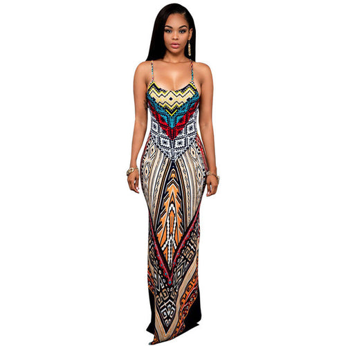 Slip Slit Tribal Print Dress Floor Length Backless Slim Dresses Summer Casual Dress 2016 Women Summer Beach Patchwork Dresses