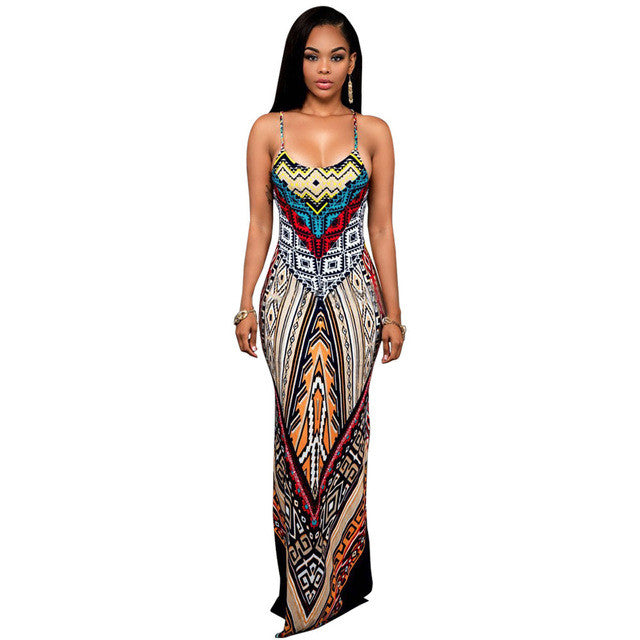 Slip Slit Tribal Print Dress Floor Length Backless Slim Dresses Summer Casual Dress 2016 Women Summer Beach Patchwork Dresses