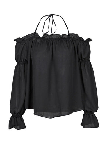 Solid Black Halter Casual Blouse Flare Sleeve Loose Chiffon Blouse 2016 Summer Women Fashion Top New arrival Casual Blouses