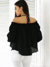 Solid Black Halter Casual Blouse Flare Sleeve Loose Chiffon Blouse 2016 Summer Women Fashion Top New arrival Casual Blouses