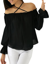 Solid Black Halter Casual Blouse Flare Sleeve Loose Chiffon Blouse 2016 Summer Women Fashion Top New arrival Casual Blouses