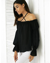 Solid Black Halter Casual Blouse Flare Sleeve Loose Chiffon Blouse 2016 Summer Women Fashion Top New arrival Casual Blouses