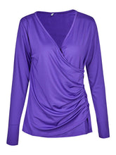 Solid Button Casual Women Blouses V-Neck Full Sleeve Ruched Blouse Women Fashion Tops Summer Fall 2017 Casual Blouse