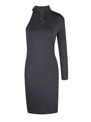 Solid Choker One Shoulder One Full Sleeve Mini Sexy Bodycon Slim Dress Autumn Black Red Skinny Club 2016 New Fall Fashion Dress