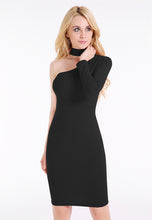 Solid Choker One Shoulder One Full Sleeve Mini Sexy Bodycon Slim Dress Autumn Black Red Skinny Club 2016 New Fall Fashion Dress