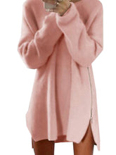 Solid Double Slit Zipper Dress Pink Full Sleeve Kniting O-Neck Mini Dress Khaki Women 2016 Autumn Casual Loose New Fashion Dress
