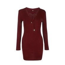 Solid Knitting Lace Up Full Sleeve Deep V-Neck Mini Sexy Red Dress Skinny Black Slim 2016 Women New Casual Autumn Bodycon Dress