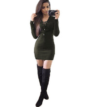 Solid Knitting Lace Up Full Sleeve Deep V-Neck Mini Sexy Red Dress Skinny Black Slim 2016 Women New Casual Autumn Bodycon Dress
