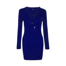 Solid Knitting Lace Up Full Sleeve Deep V-Neck Mini Sexy Red Dress Skinny Black Slim 2016 Women New Casual Autumn Bodycon Dress