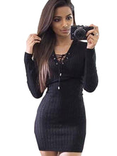 Solid Knitting Lace Up Full Sleeve Deep V-Neck Mini Sexy Red Dress Skinny Black Slim 2016 Women New Casual Autumn Bodycon Dress