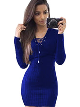 Solid Knitting Lace Up Full Sleeve Deep V-Neck Mini Sexy Red Dress Skinny Black Slim 2016 Women New Casual Autumn Bodycon Dress