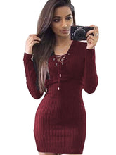 Solid Knitting Lace Up Full Sleeve Deep V-Neck Mini Sexy Red Dress Skinny Black Slim 2016 Women New Casual Autumn Bodycon Dress