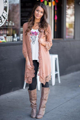 Solid Lace Three Quarter Sleeve Long Blouse Cardigan Pink Autumn 2016 Women Top New Arrival Ladies Blouses 2016 Fashion Casual