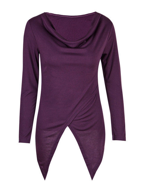 Solid O-Neck Full Sleeve Slit Ruched Blouse High and Low Purple Women Blouse For Autumn New Fashion Ladies 2016 Arrival Tops