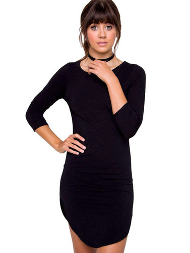 Solid O-Neck Three Quarter Sleeve Black Dress Double Slit Irregular Bodycon Slim Dress 2016 Women New Fashion Skinny Dresses