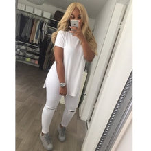 Solid O-Neck White Blouse Black Short Sleeve Double Slit Split Women Blouses For Summer Fall Ladies 2016 Casual Loose Tops