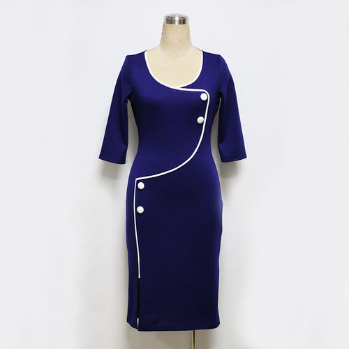 Solid Red Button Slit Half Sleeve Dress O-Neck Slim Bodycon Women Office Work Dresses Women Blue Dress 2016 New Arrival Fashion