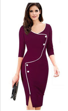 Solid Red Button Slit Half Sleeve Dress O-Neck Slim Bodycon Women Office Work Dresses Women Blue Dress 2016 New Arrival Fashion