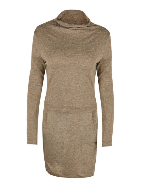 Solid Ruched Full Sleeve Ruched Mini Length Skinny Khaki Grey Elegant Dress Work Women Autumn 2016 Slim Casual Dress