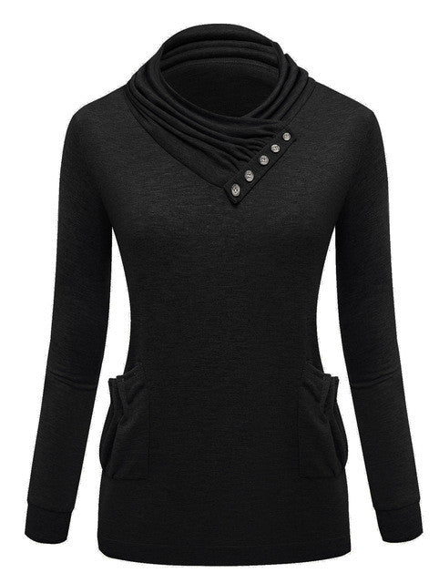 Solid Turtleneck Black Button Full Sleeve Pockets Pullover Slim Sweater Women 2016 Skinny Red Autumn Women New Fashion Sweaters