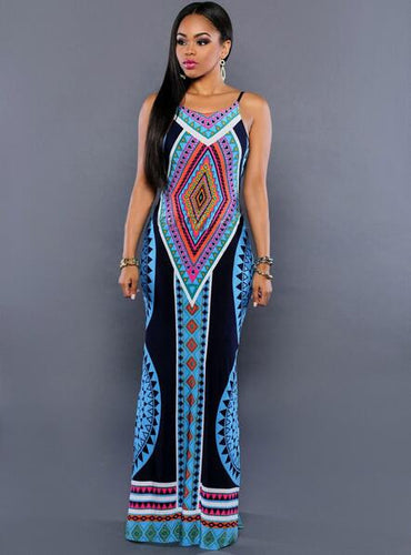 Spaghetti Strap Dress Backless Side Split Slit Sun Dress Sling Slip Tribal Print Pattern Summer Long Maxi Beach Open Back Dress
