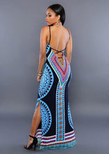Spaghetti Strap Dress Backless Side Split Slit Sun Dress Sling Slip Tribal Print Pattern Summer Long Maxi Beach Open Back Dress