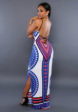 Spaghetti Strap Dress Backless Side Split Slit Sun Dress Sling Slip Tribal Print Pattern Summer Long Maxi Beach Open Back Dress