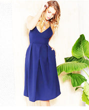 Spaghetti Strap Dress V Neck Pleated Dress Open Back Women Sun Dress 2016 New Arrival Beach Dress Sexy Blue Fashion