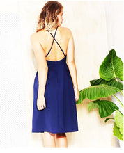 Spaghetti Strap Dress V Neck Pleated Dress Open Back Women Sun Dress 2016 New Arrival Beach Dress Sexy Blue Fashion