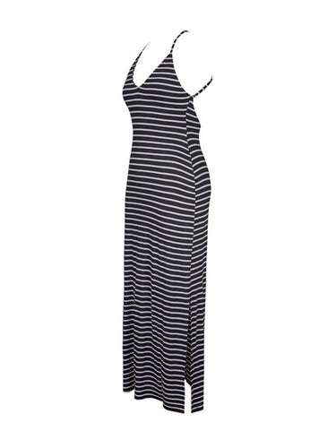 Spaghetti Strap Plunge Backless Sexy Stripe Print Slip Dress Casual Long Summer Split Dress Maxi Double High Slit Beach Bodycon