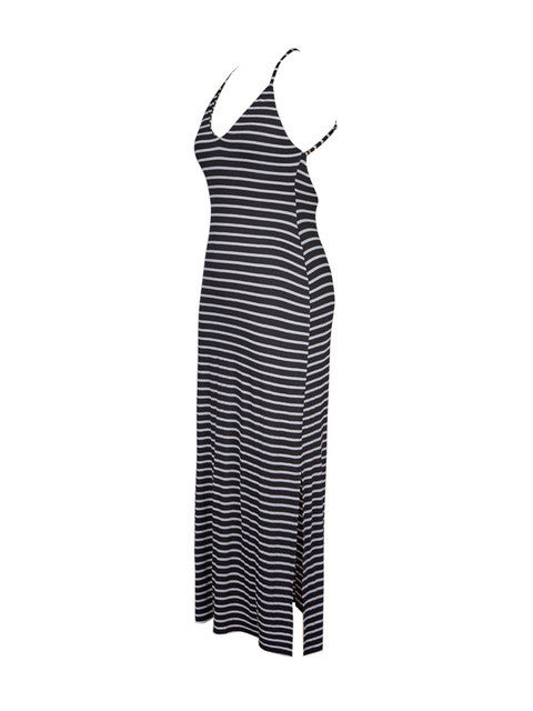 Spaghetti Strap Plunge Backless Sexy Stripe Print Slip Dress Casual Long Summer Split Dress Maxi Double High Slit Beach Bodycon