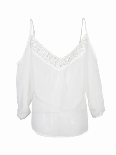 Strap Cold Should V Neck Hollow Out Lace White Loose Blouse Floral Pattern Womens Blouses For Spring 2016 Summer Ladies