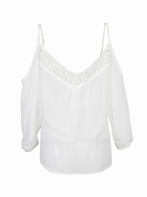 Strap Cold Should V Neck Hollow Out Lace White Loose Blouse Floral Pattern Womens Blouses For Spring 2016 Summer Ladies